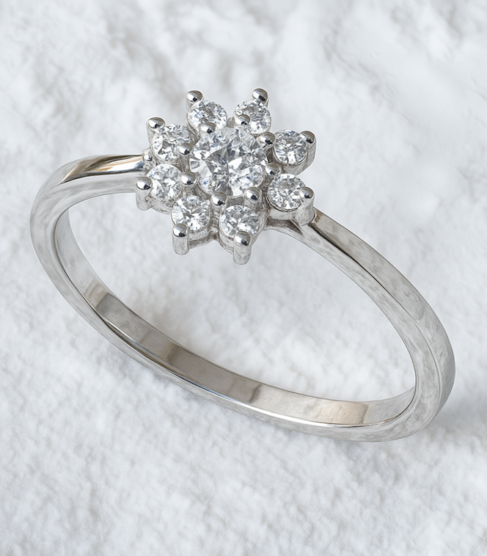 Daisy flower ring in 18-karat white gold with diamonds